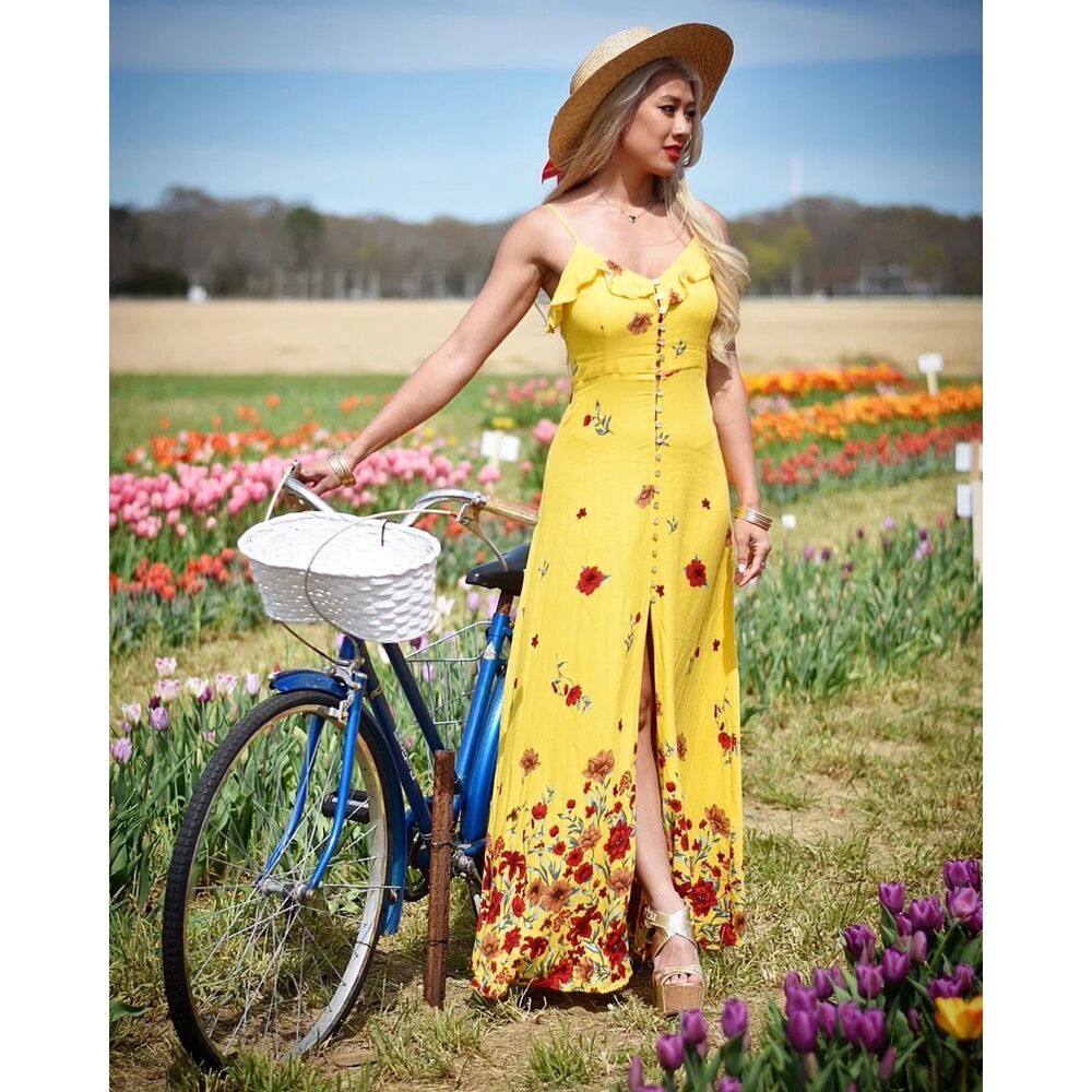 Forever 21 Maxi Dress Canary Yellow Button Front Size S Fairycore, Festival